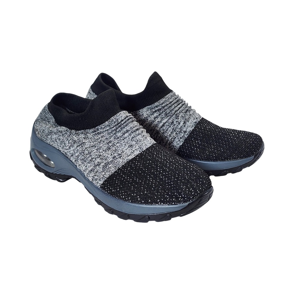 Womens Black Grey Knit Slip On Walking Sneakers Air Cushion Sock Shoes Size 9
